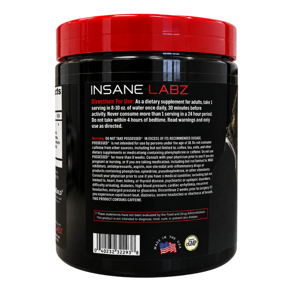 A black plastic tub of INSANE LABZ dietary supplement powder with a bright red lid, shown from the back against a plain white background.