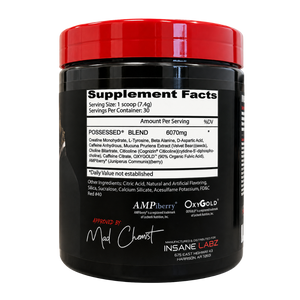 A black plastic tub of Insane Labz Possessed Blend protein powder with a bright red lid, showing the Supplement Facts label on a white background.