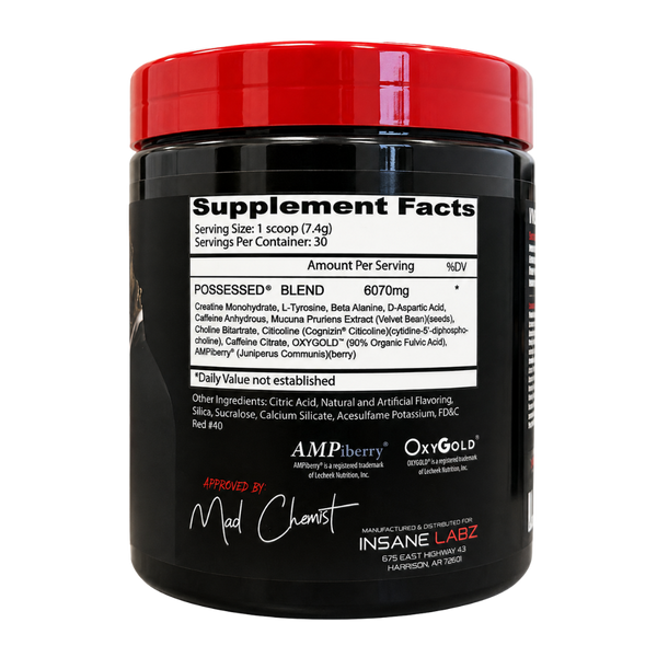 A black plastic tub of Insane Labz Possessed Blend protein powder with a bright red lid, showing the Supplement Facts label on a white background.