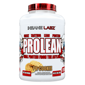 A white plastic tub of Insane Labz Prolean PB Cookie dual protein powder with a metallic red lid, shown against a plain white background.