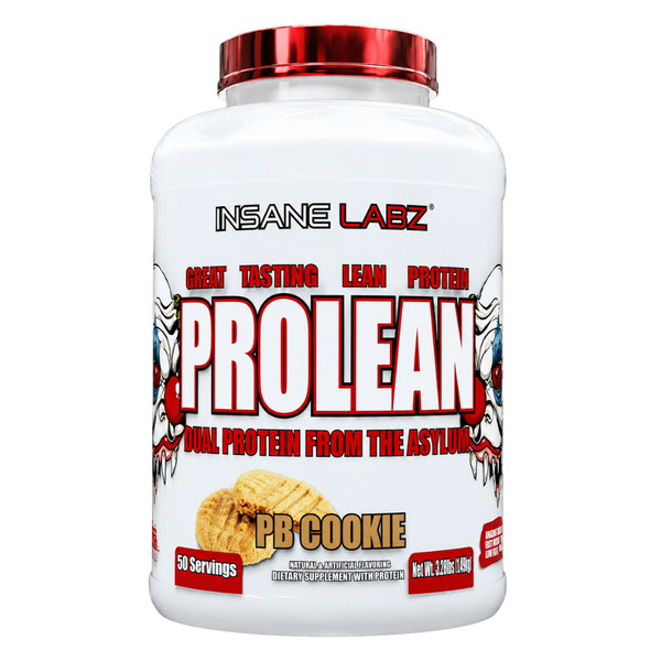 A white plastic tub of Insane Labz Prolean PB Cookie dual protein powder with a metallic red lid, shown against a plain white background.