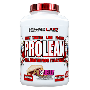 A white plastic tub of Insane Labz Prolean PB & Jelly dual protein powder with a metallic red lid, shown against a plain white background.