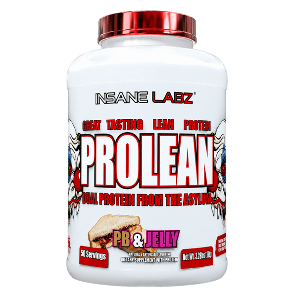A white plastic tub of Insane Labz Prolean PB & Jelly dual protein powder with a metallic red lid, shown against a plain white background.