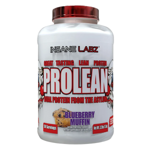 Insane Labz Prolean Protein Tub in the Blueberry Muffin flavor on a white background