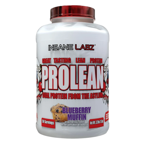 Insane Labz Prolean Protein Tub in the Blueberry Muffin flavor on a white background