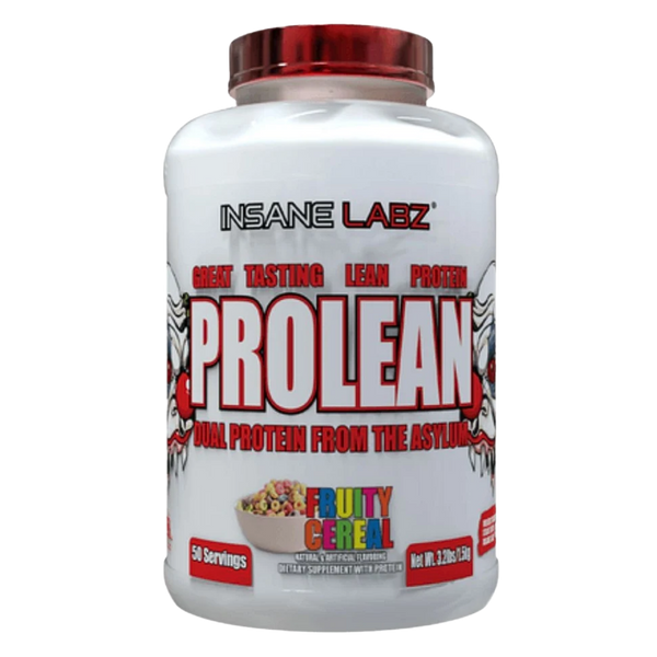 Insane Labz Prolean Protein Tub in the Fruity Cereal flavor on a white background