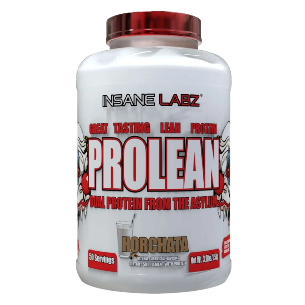 Insane Labz Prolean Protein Tub in the Tres Leches Cake flavor on a white background