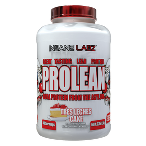 Insane Labz Prolean Protein Tub in the Tres Leches Cake flavor on a white background