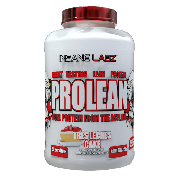 Insane Labz Prolean Protein Tub in the Tres Leches Cake flavor on a white background