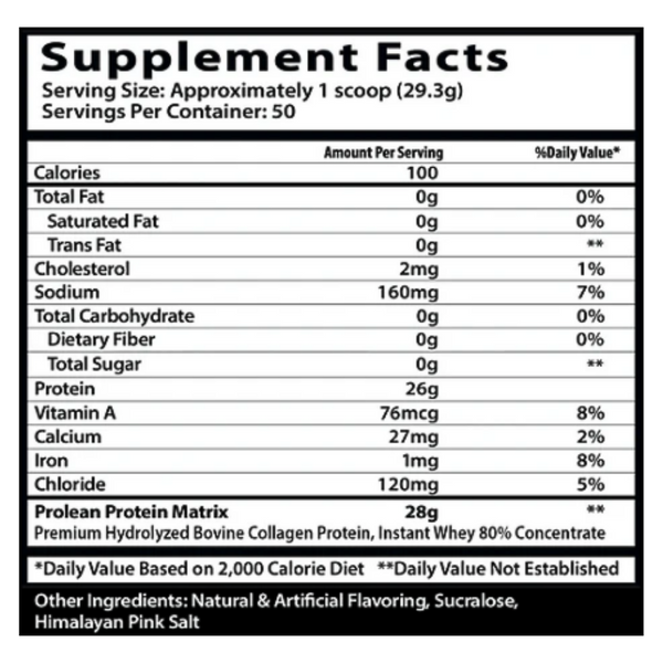 Insane Labz Prolean Protein supplement facts label with nutritional information on a white background