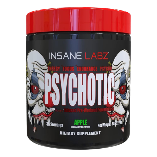 Insane Labz Psychotic 35 Servings Tub in the apple flavor on a white background
