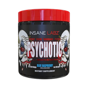 Insane Labz Psychotic 35 Servings Tub in the blue raspberry flavor on a white background