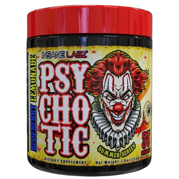 Insane Labz Psychotic 35 Servings Tub in the blueberry lemonade flavor on a white background