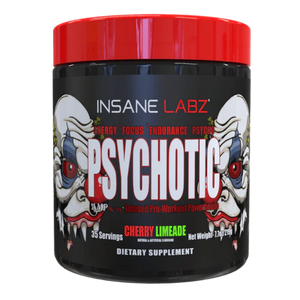 Insane Labz Psychotic 35 Servings Tub in the cherry limeade flavor on a white background