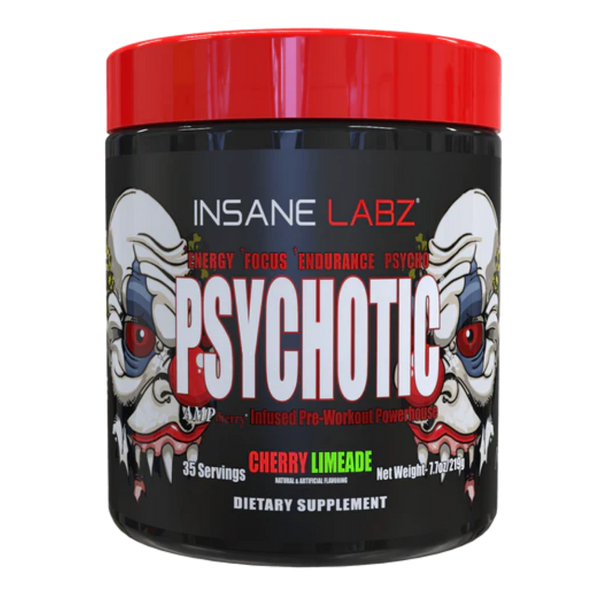 Insane Labz Psychotic 35 Servings Tub in the cherry limeade flavor on a white background