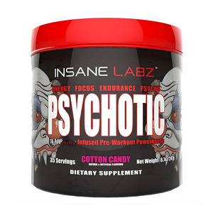Insane Labz Psychotic 35 Servings Tub in the cotton candy flavor on a white background