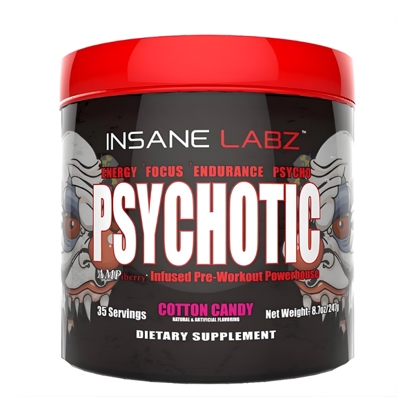 Insane Labz Psychotic 35 Servings Tub in the cotton candy flavor on a white background
