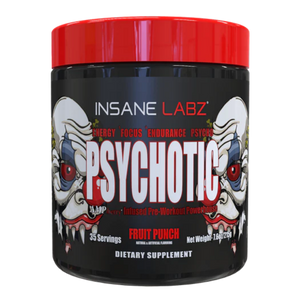 Insane Labz Psychotic 35 Servings Tub in the fruit punch flavor on a white background