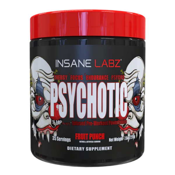 Insane Labz Psychotic 35 Servings Tub in the fruit punch flavor on a white background