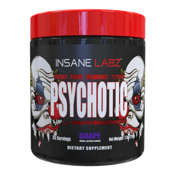 Insane Labz Psychotic 35 Servings Tub in the grape flavor on a white background