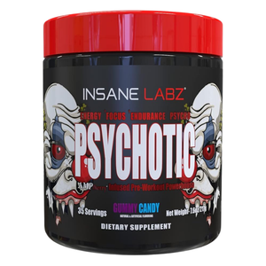 Insane Labz Psychotic 35 Servings Tub in the gummy candy flavor on a white background
