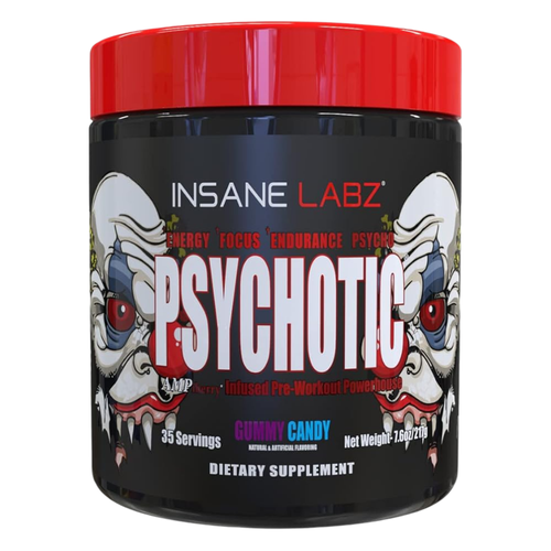 Insane Labz Psychotic 35 Servings Tub in the gummy candy flavor on a white background