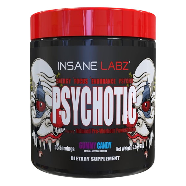 Insane Labz Psychotic 35 Servings Tub in the gummy candy flavor on a white background