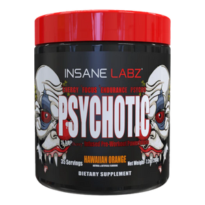 Insane Labz Psychotic 35 Servings Tub in the Hawaiian orange flavor on a white background