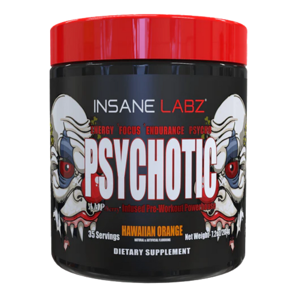 Insane Labz Psychotic 35 Servings Tub in the Hawaiian orange flavor on a white background