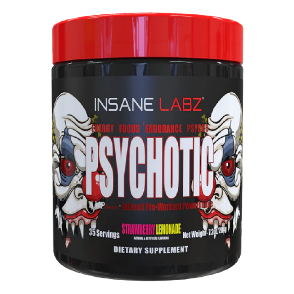 Insane Labz Psychotic 35 Servings Tub in the strawberry lemonade flavor on a white background