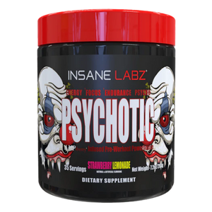Insane Labz Psychotic 35 Servings Tub in the strawberry lemonade flavor on a white background
