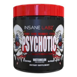 Insane Labz Psychotic 35 Servings Tub in the watermelon flavor on a white background