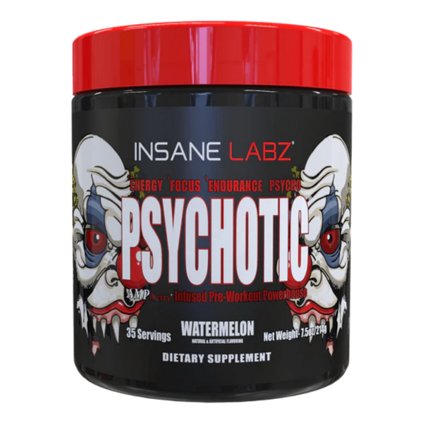 Insane Labz Psychotic 35 Servings Tub in the watermelon flavor on a white background