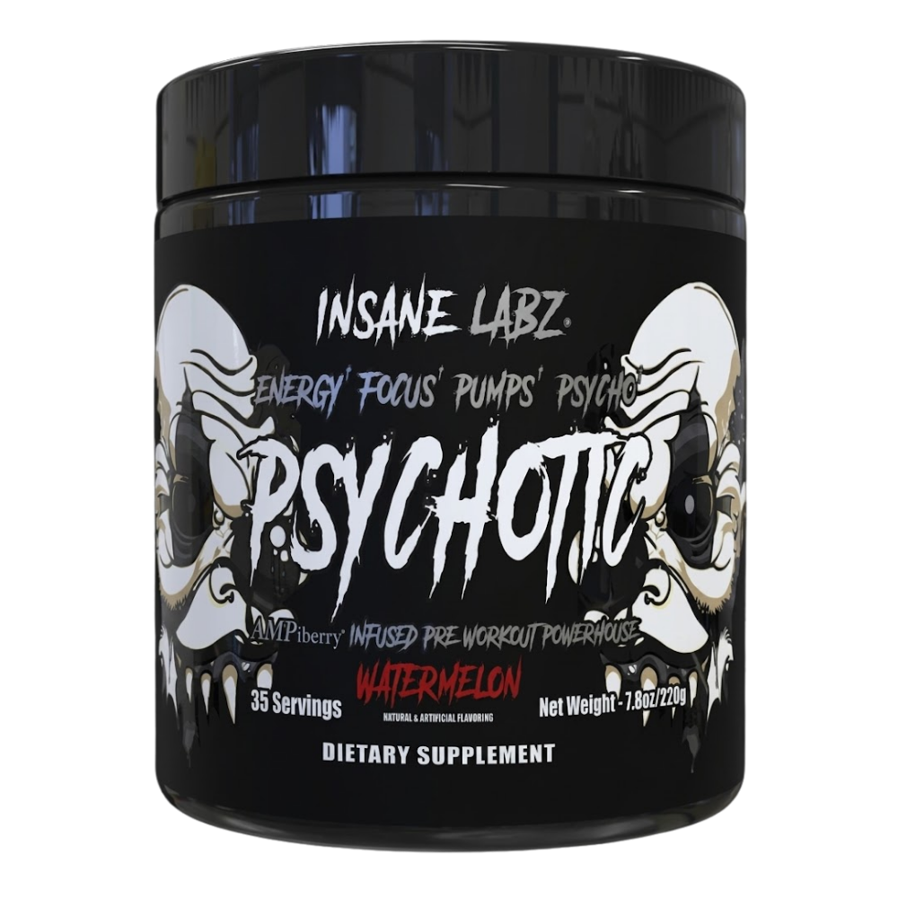 Supplement container labeled 'Psychotic Black' by Insane Labz in the watermelon flavor on a white background
