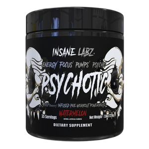 Supplement container labeled 'Psychotic Black' by Insane Labz in the watermelon flavor on a white background