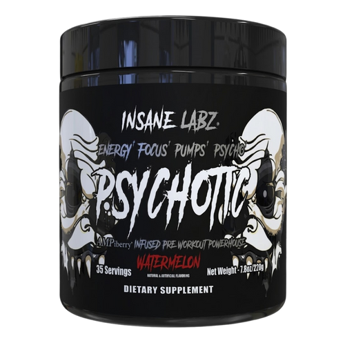 Supplement container labeled 'Psychotic Black' by Insane Labz in the watermelon flavor on a white background