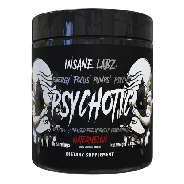 Supplement container labeled 'Psychotic Black' by Insane Labz in the watermelon flavor on a white background