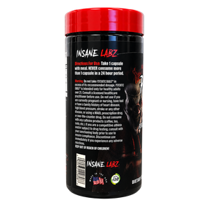 A black plastic supplement tub with a bright red lid, showing the back label of INSANE LABZ. The label features a dark design with a muscular man's face, product directions, warnings, and a barcode.