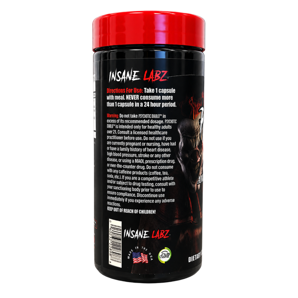 A black plastic supplement tub with a bright red lid, showing the back label of INSANE LABZ. The label features a dark design with a muscular man's face, product directions, warnings, and a barcode.