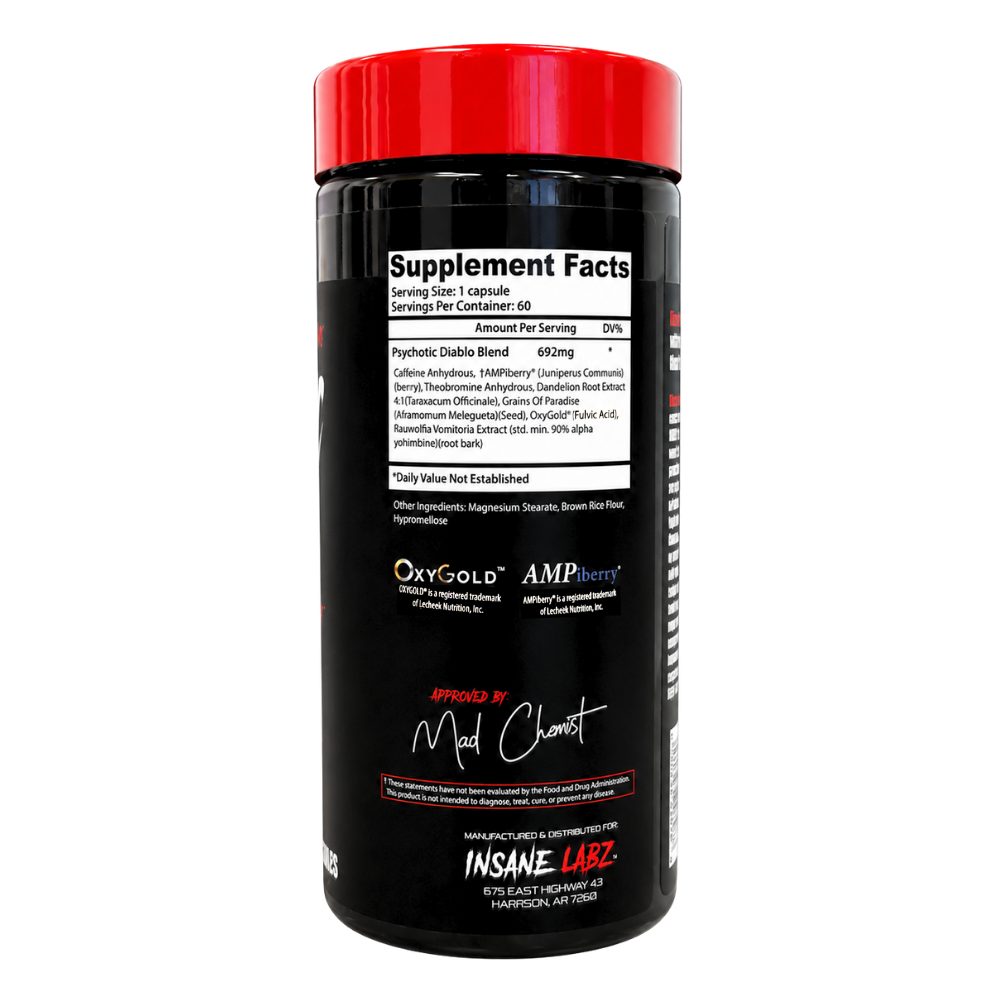Insane Labz Psychotic Diablo 60 capsules bottle image on a white background