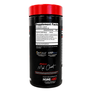 A black plastic bottle of Insane Labs Psychotic Diable Blend dietary supplement with a bright red lid, shown against a plain white background.