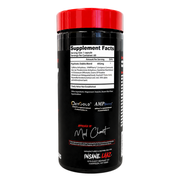 A black plastic bottle of Insane Labs Psychotic Diable Blend dietary supplement with a bright red lid, shown against a plain white background.