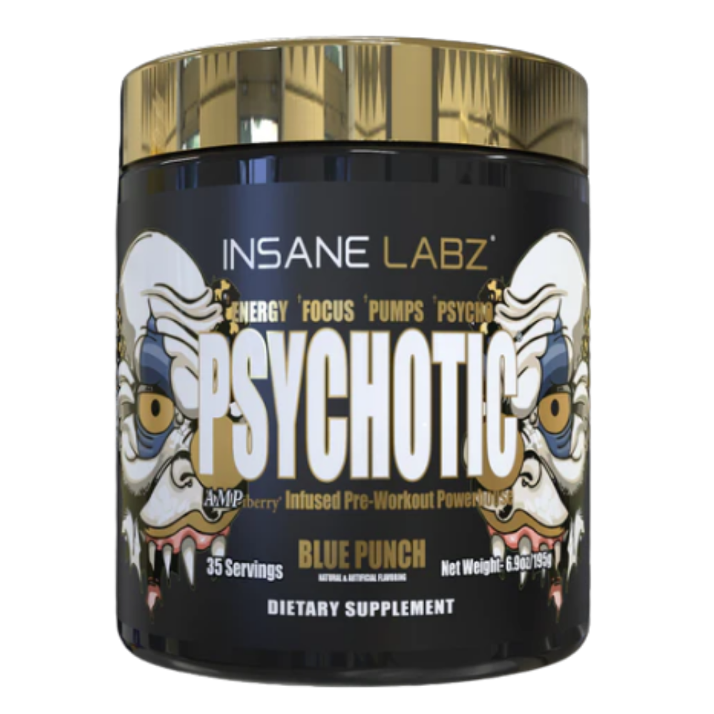 Insane Labz Psychotic pre-workout supplement container with gold lid on a white background