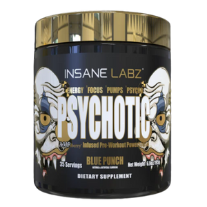 Insane Labz Psychotic pre-workout supplement container with gold lid on a white background