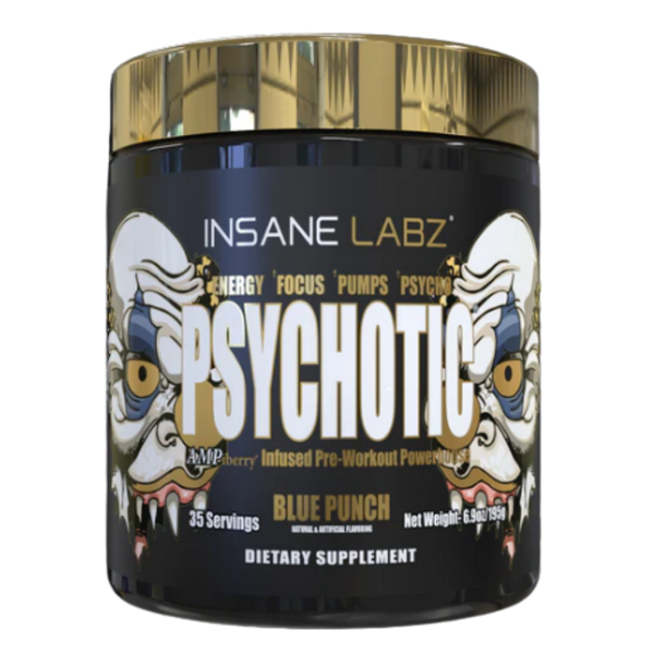 Insane Labz Psychotic pre-workout supplement container with gold lid on a white background