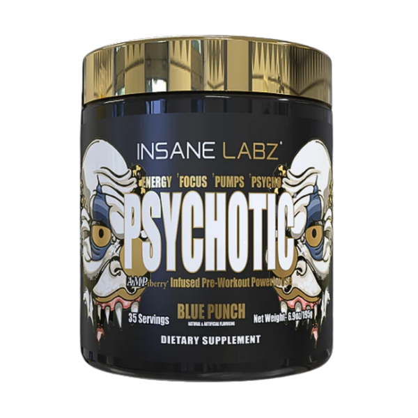 Insane Labz Psychotic blue punch supplement container on a white background