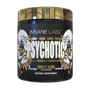 Insane Labz Psychotic cherry bomb supplement container on a white background