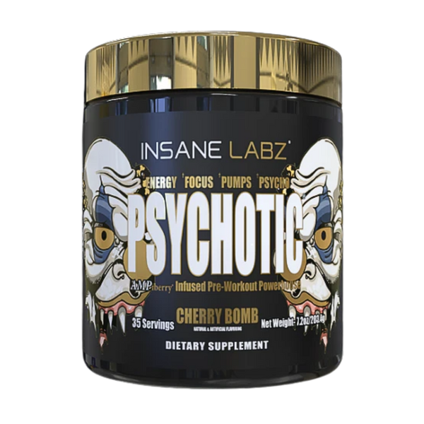 Insane Labz Psychotic cherry bomb supplement container on a white background