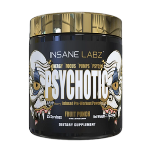 Insane Labz Psychotic fruit punch supplement container on a white background