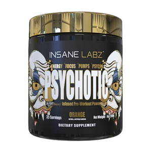 Insane Labz Psychotic orange supplement container on a white background